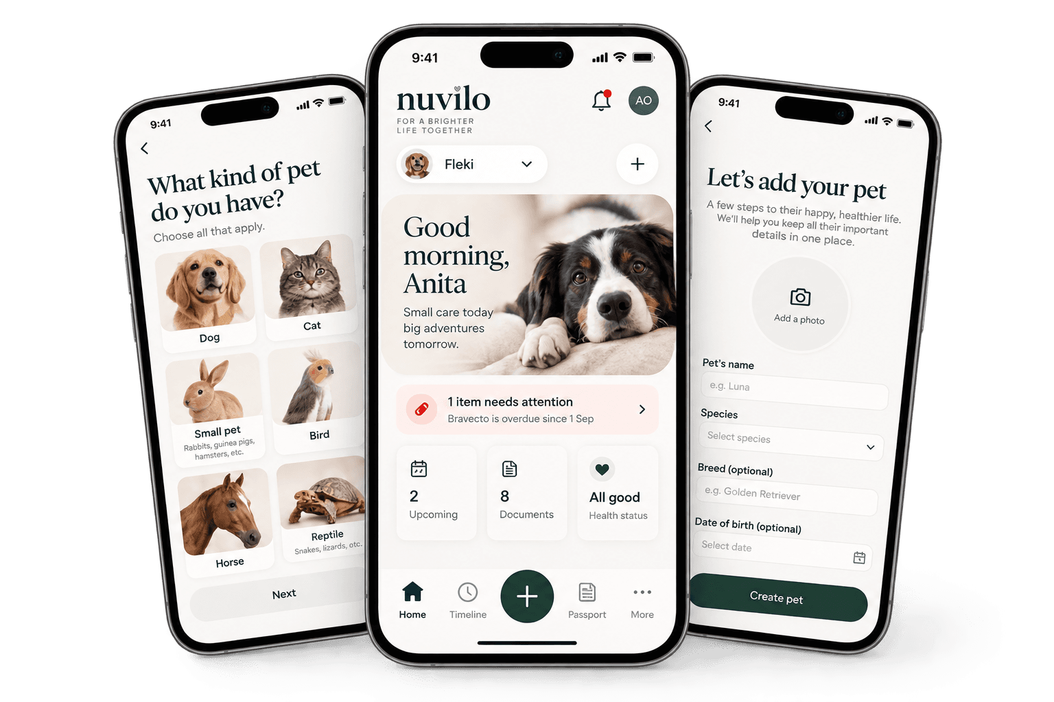 Three Nuvilo app screens showing pet selection, a personalised care dashboard, and the add-your-pet form